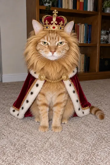 An orange cat in an AI Halloween costume: a gold crown and royal cape