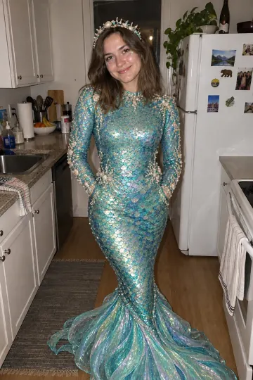 Sorry I lied trend dream slide: a woman in a sequined teal mermaid gown