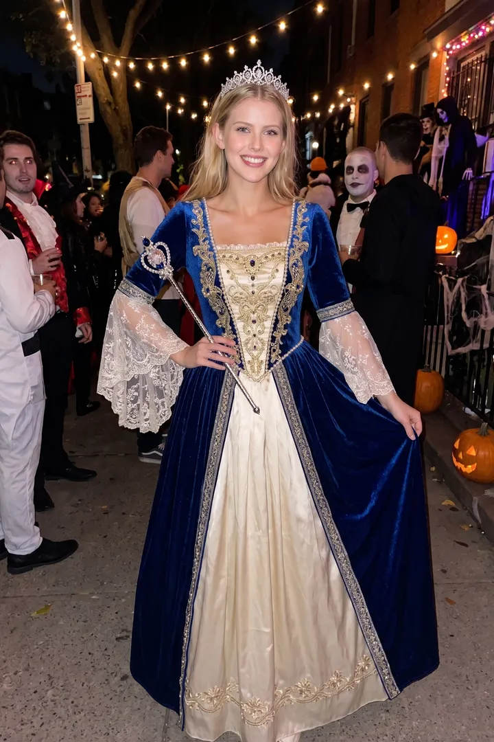 Sorry I lied trend dream slide: a woman in a blue velvet fairytale princess gown with a tiara