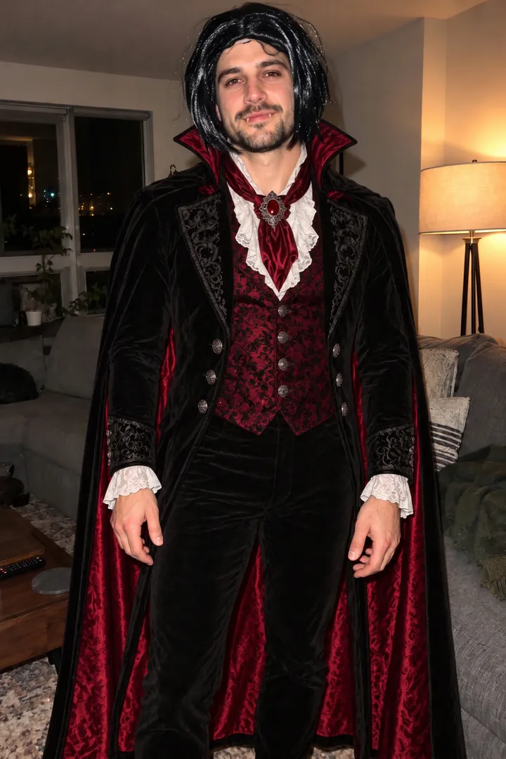 Slide 2: a man in a vampire costume with a cheap shiny wig